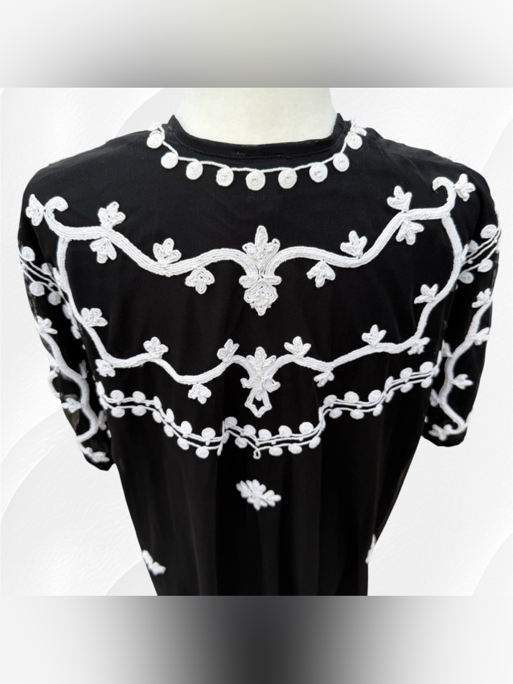 Chico’s Black and White Embroidered Mesh Overlay Open-Front Kimono, Women’s S/M - Picture 5 of 10
